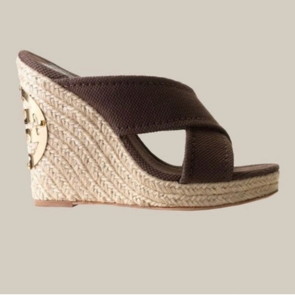Tory Burch Shoes - TORY BURCH Kristen Women Size 7.5 Brown Canvas Espadrille Wedge Sandal Gold Logo